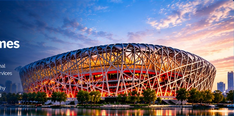 Beijing National Stadium illuminated at sunset