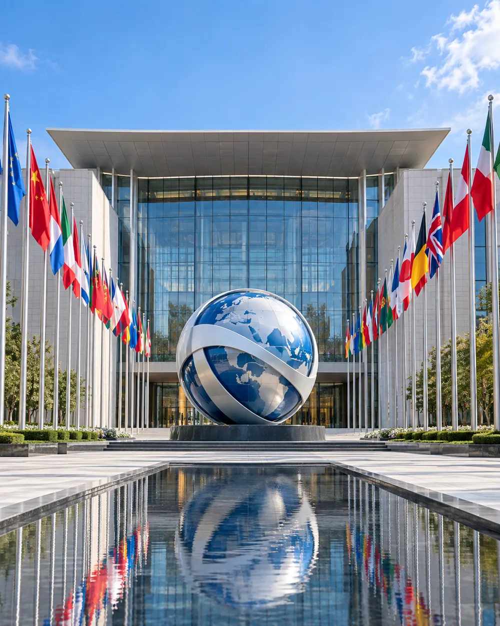 Portrait international cooperation summit venue with flags and globe sculpture