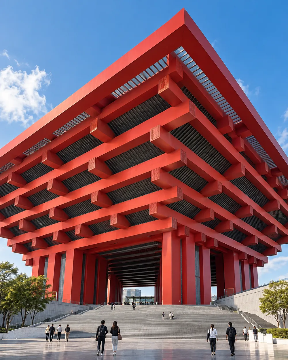 Portrait red pavilion at a Shanghai world exposition setting