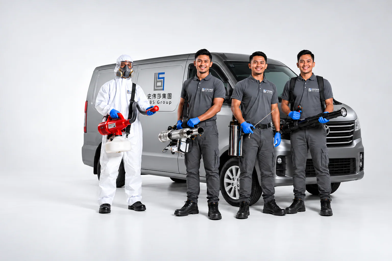 LBS service team with pest management equipment and service van